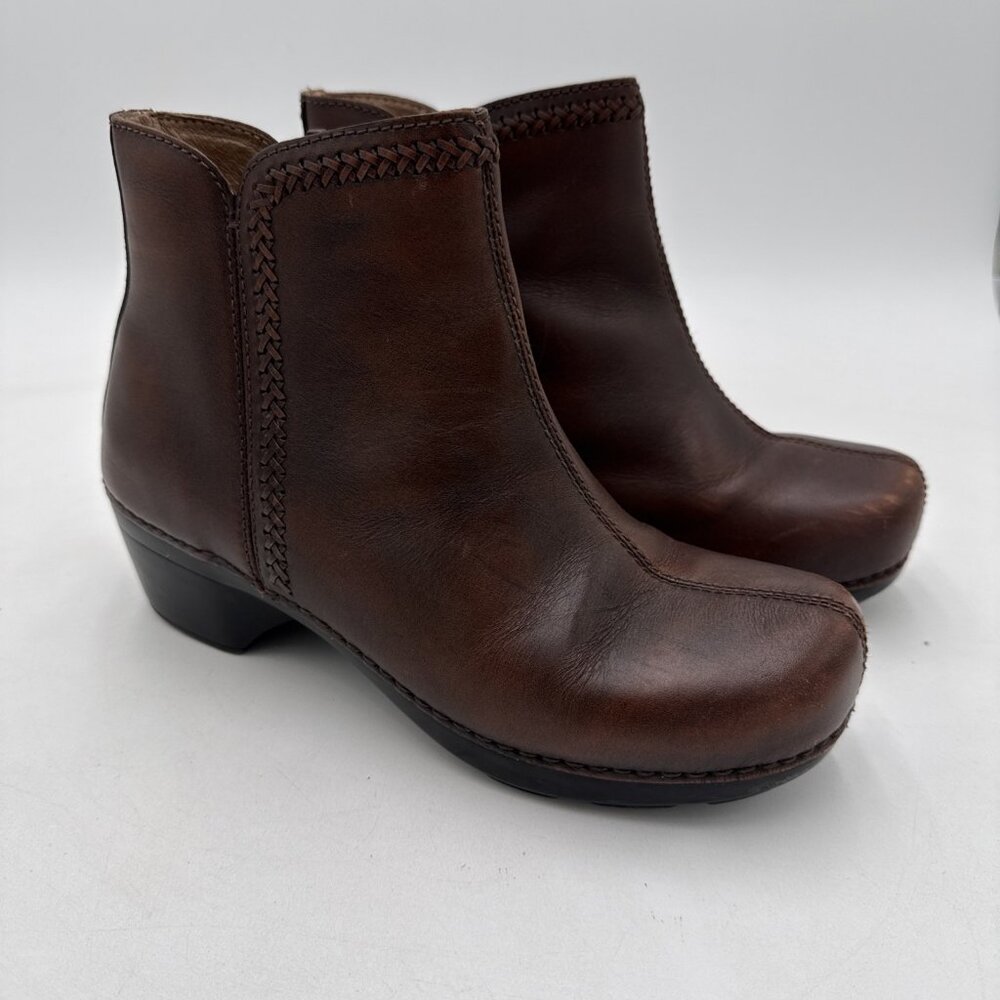 Dansko Ankle Boots Women's Brown Leather Size 40 Side Zipper Round Toe Braided